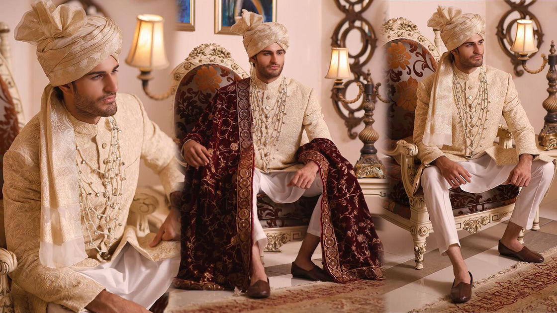 Pakistani Groom Dresses  Dulha Sherwani, Turban, Khussa – Nameera by Farooq