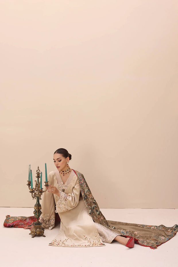 Buy Gold Heavily Embroidered Pakistani Salwar Kameez with Enchanting Shawl