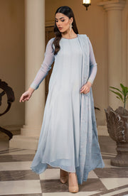 Buy Grayish Shade Embroidered Pakistani Party Wear Frock Style Dress