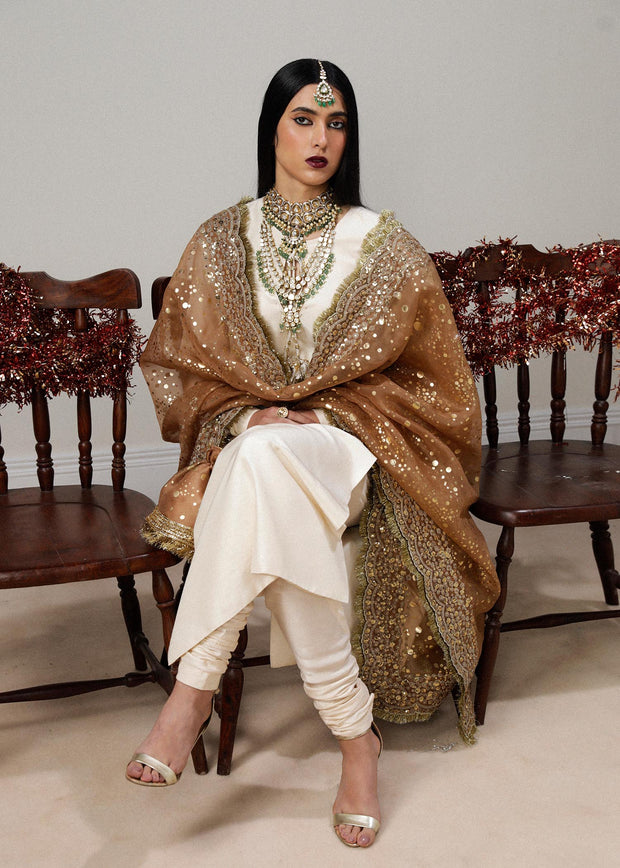 Buy Ivory Silk Embroidered Pakistani Wedding Dress in Kameez Pajama Style