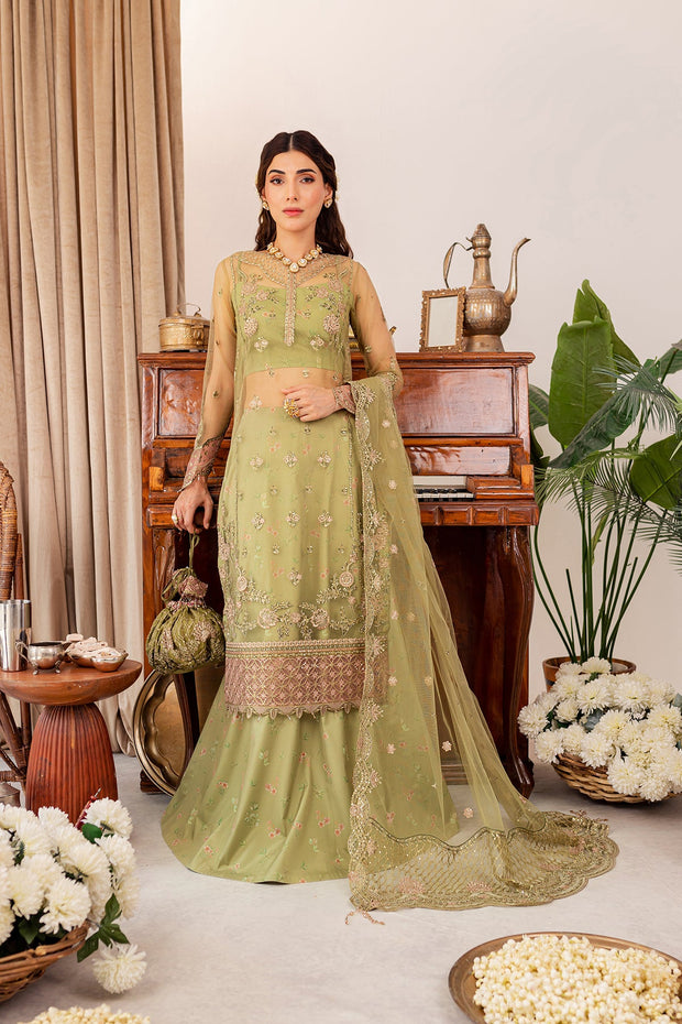 Buy Mint Green Embroidered Pakistani Party Dress in Kameez Gharara Style