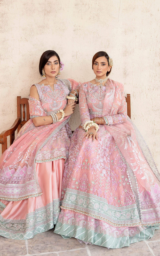 Buy Peach Pink Pakistani Wedding Dress in Double Layered Pishwas Style