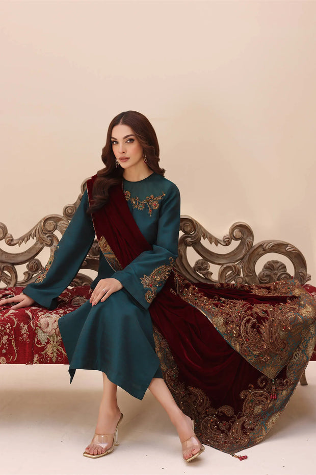 Buy Teal Green Embroidered Pakistani Salwar Kameez with Velvet Shawl 2023