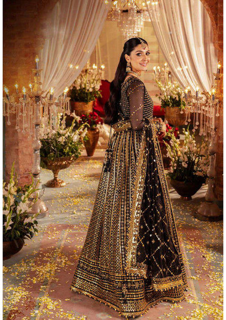 Classic Black Gold Embroidered Pakistani Wedding Dress Pishwas – Nameera by Farooq