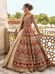 Classic Pakistani Bridal Dress in Open Gown and Lehenga Style