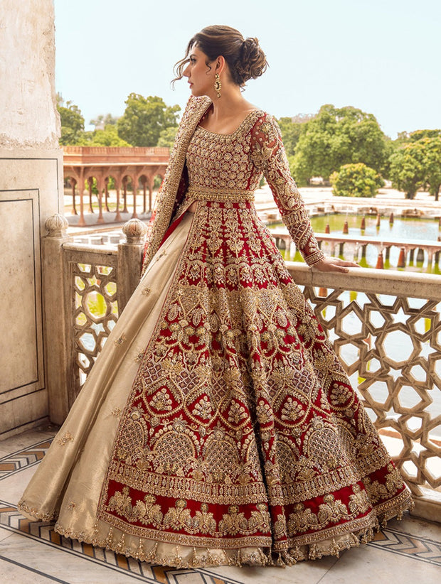Classic Pakistani Bridal Dress in Open Gown and Lehenga Style