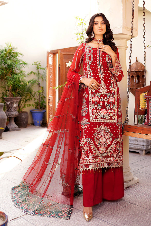 Elegant Embroidered Cherry Red Pakistani Salwar Kameez Dupatta Suit