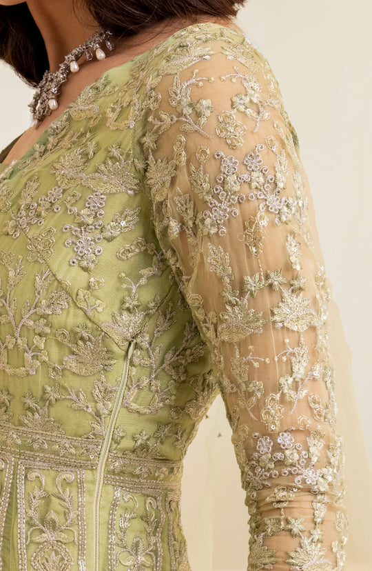 Elegant Green Pakistani Bridal Dress in Pishwas Frock Style