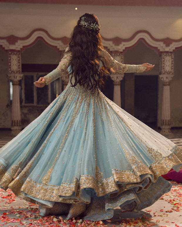 Elegant Hand-Embellished Ice Blue Pishwas Pakistani Bridal Dress
