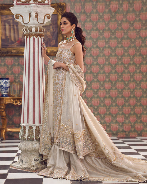 Elegant Hand Embellished Ivory Pakistani Bridal Dress Sharara Outfit