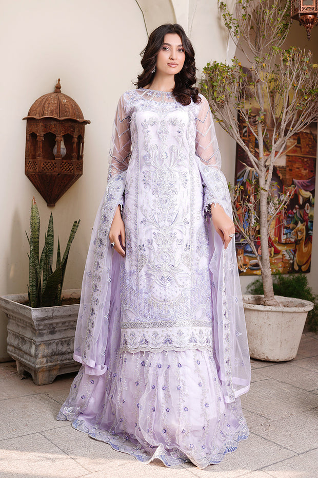 Elegant Lilac Embroidered Pakistani Party Dress in Kameez Gharara Style