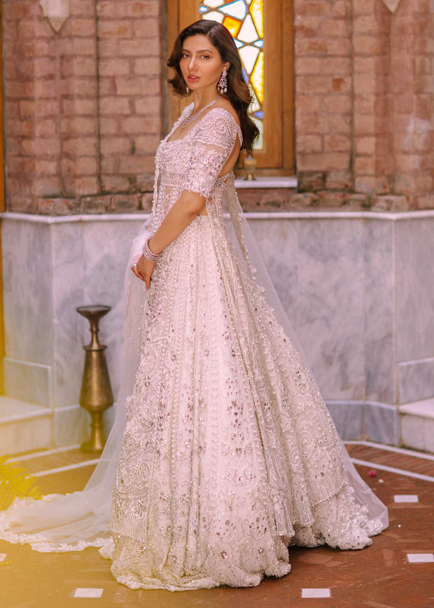 Elegant Pakistani Bridal Dress in Frock and White Lehenga Style