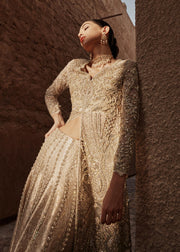 Elegant Pakistani Bridal Dress in Open Gown and Lehenga Style