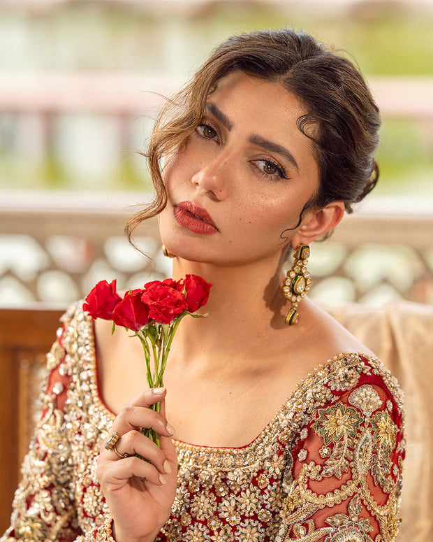 Elegant Pakistani Bridal Dress in Open Gown and Lehenga Style