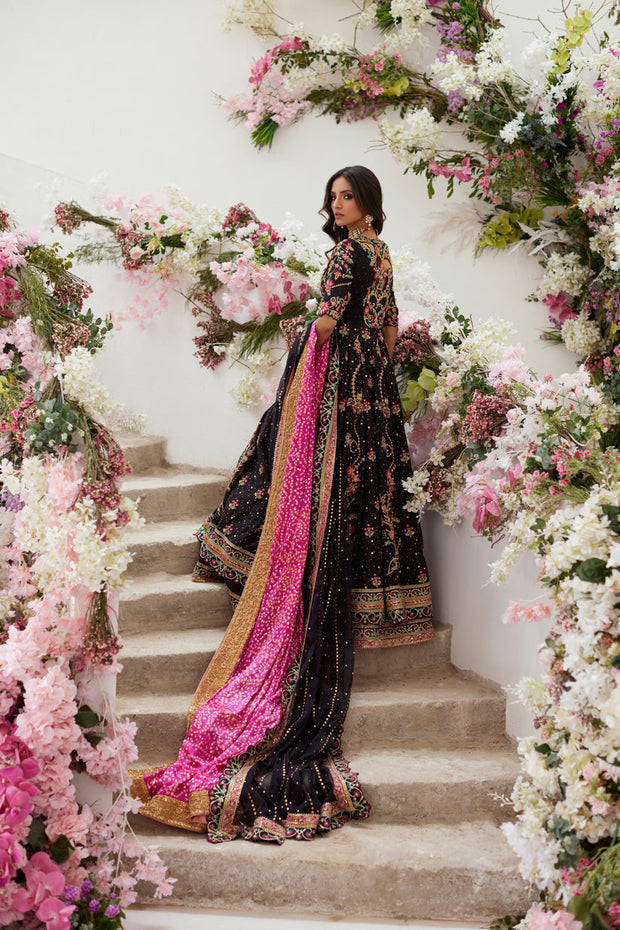 Elegant Pakistani Wedding Dress in Black Pishwas Lehenga Style