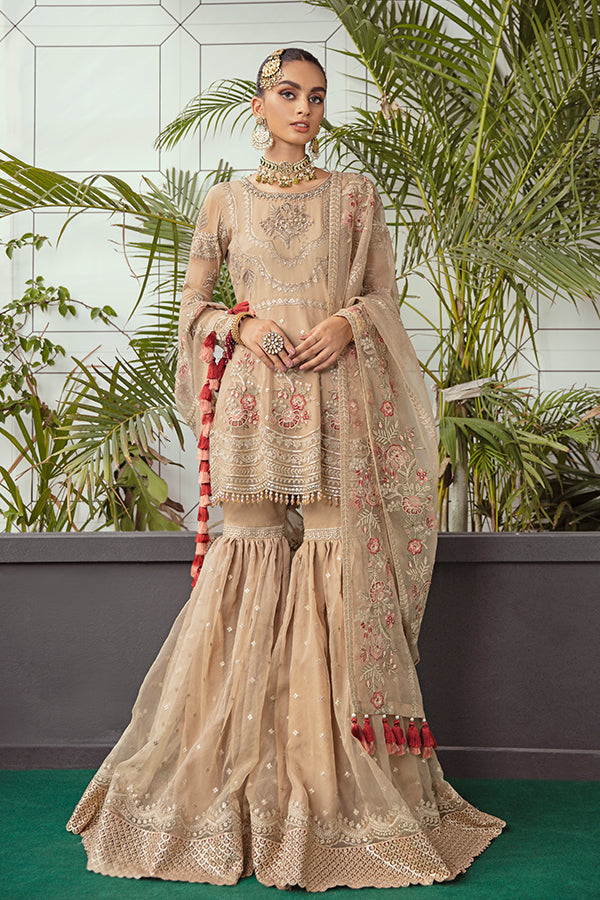 Elegant Pakistani Wedding Dress in Gold Kameez Sharara Style