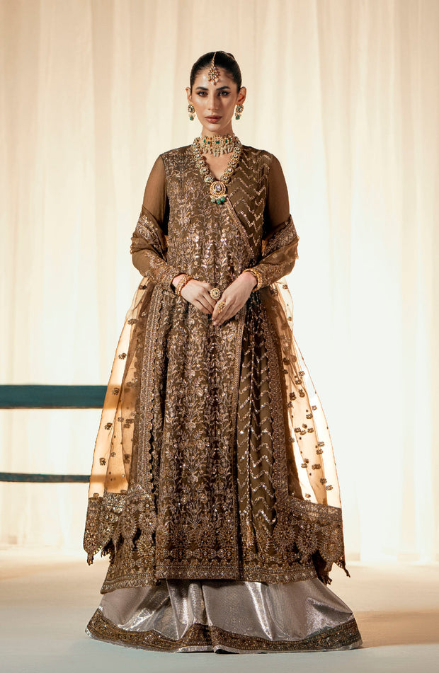 Golden Embroidered Pakistani Wedding Dress Angrakha Frock Sharara