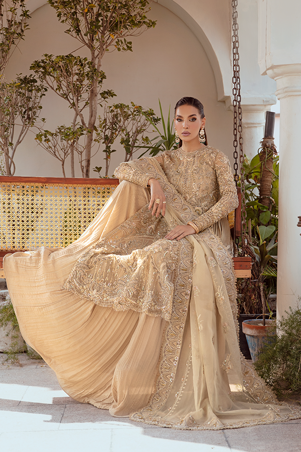 Golden Pakistani Wedding Dress in Trouser Kameez Style