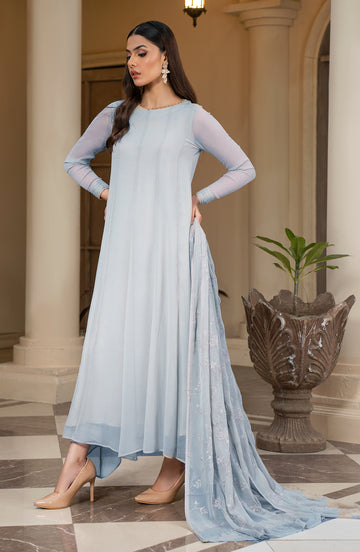 Grayish Shade Embroidered Pakistani Party Wear Frock Style Dress in United States 