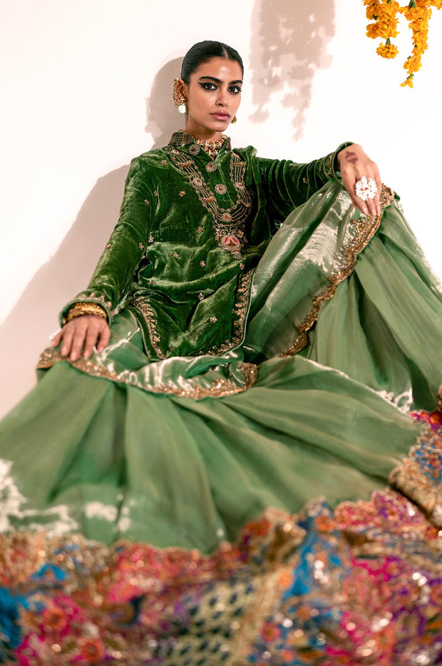 Green Mehndi Dress in Kameez Gharara Dupatta Style