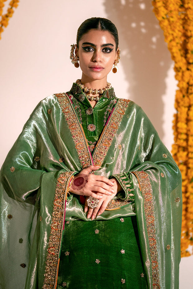 Green Pakistani Mehndi Dress in Kameez Gharara and Dupatta Style