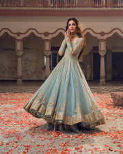 Hand Embellished Ice Blue Double Layered Pishwas Pakistani Bridal Dress