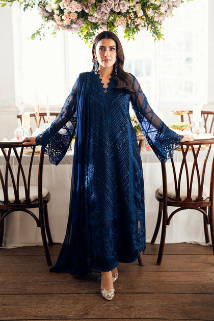 navy blue dress pakistani Elegant Navy Blue Sequins Embroidered Chiffon Pakistani Party Dress S