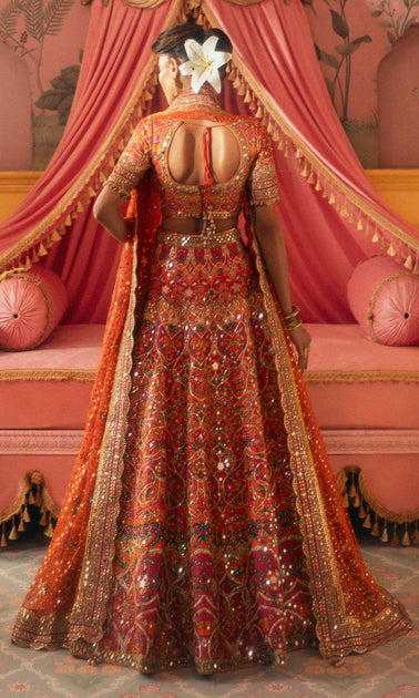 New Design Indian Bridal Dress in Orange Lehenga Style – Nameera by Farooq
