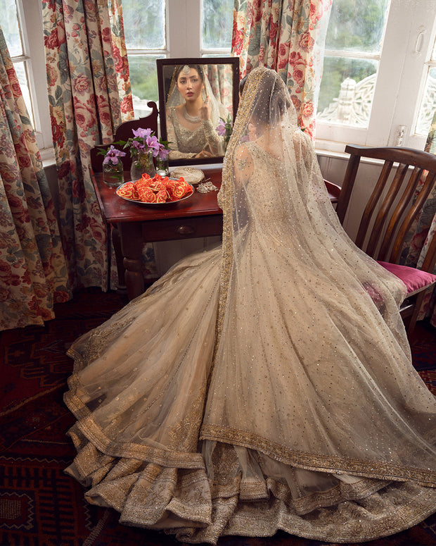 Ivory Embroidered Pakistani Bridal Dress Double Layered Pishwas