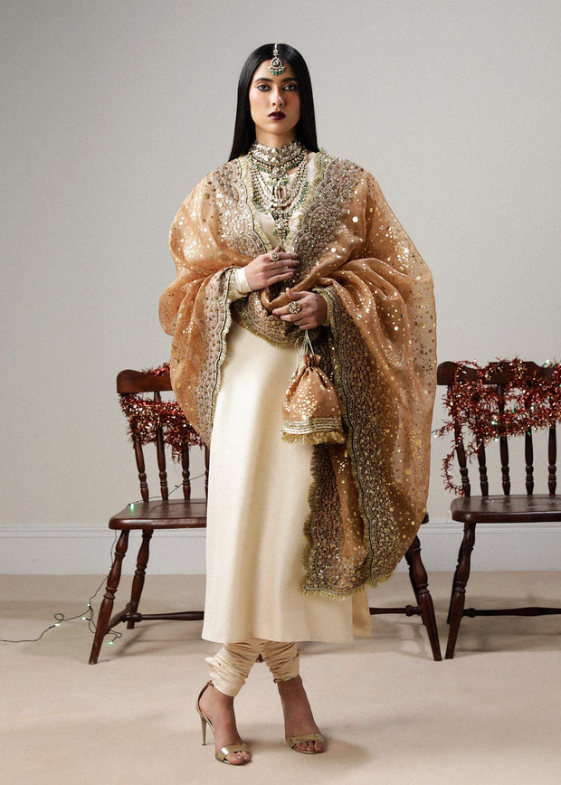 Ivory Silk Embroidered Pakistani Wedding Dress in Kameez Pajama Style