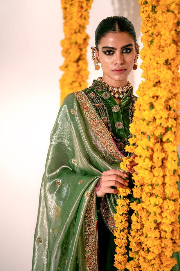 Latest Green Mehndi Dress in Kameez Gharara and Dupatta Style