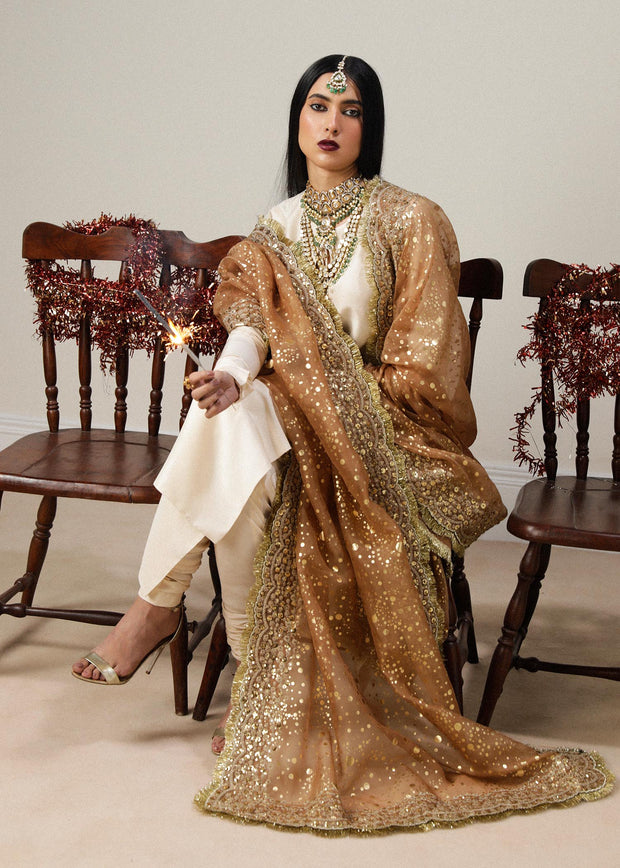 Latest Ivory Silk Embroidered Pakistani Wedding Dress in Kameez Pajama Style