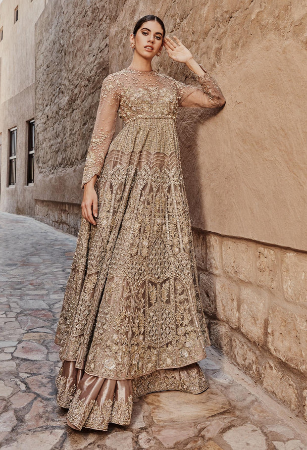 Latest Pakistani Bridal Dress in Golden Lehenga Gown Style