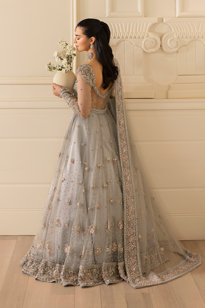 open lace back dress Pastel Blue Pakistani Bridal Dress in Gown Lehnga Style – Nameera by Farooq