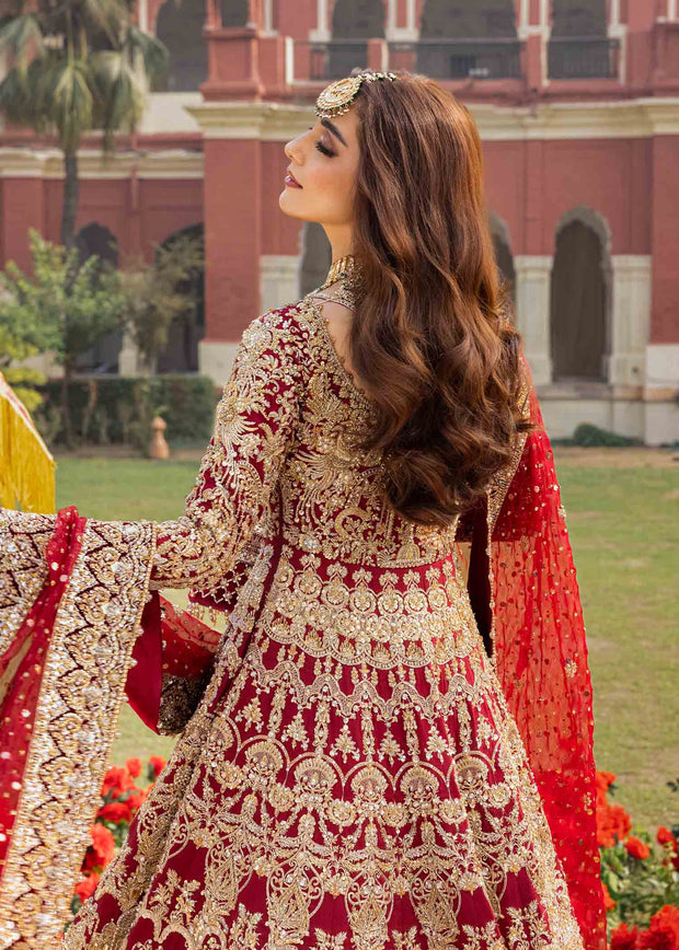Latest Red Pakistani Bridal Outfit in Pishwas Lehenga Style