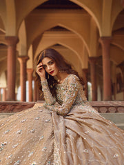 Luxury Embroidered Beige Shade Long Frock Pakistani Bridal Dress
