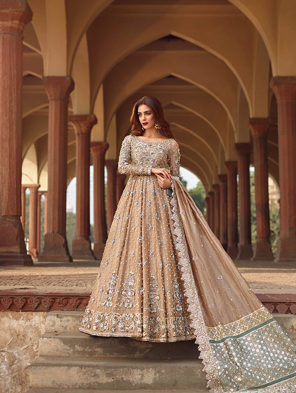Luxury Embroidered Pakistani Bridal Dress in Beige Shade Long Frock Style