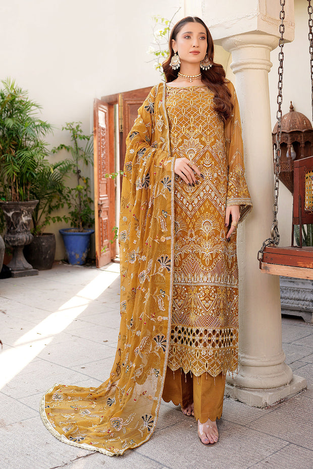 Luxury Embroidered Pakistani Kameez Salwar Suit in Golden Yellow Shade