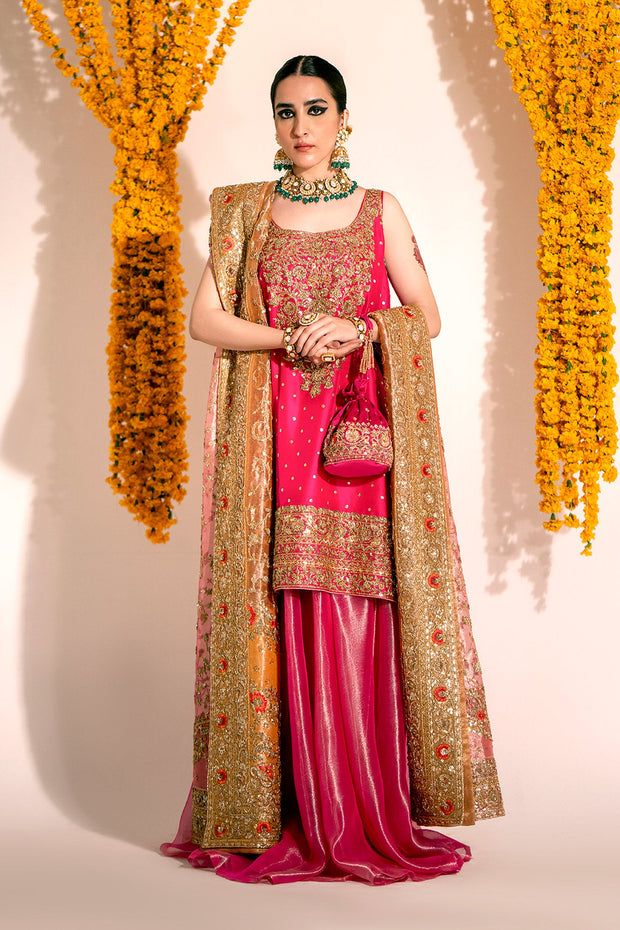 Luxury Pink Pakistani Wedding Dress in Sharara Kameez Style
