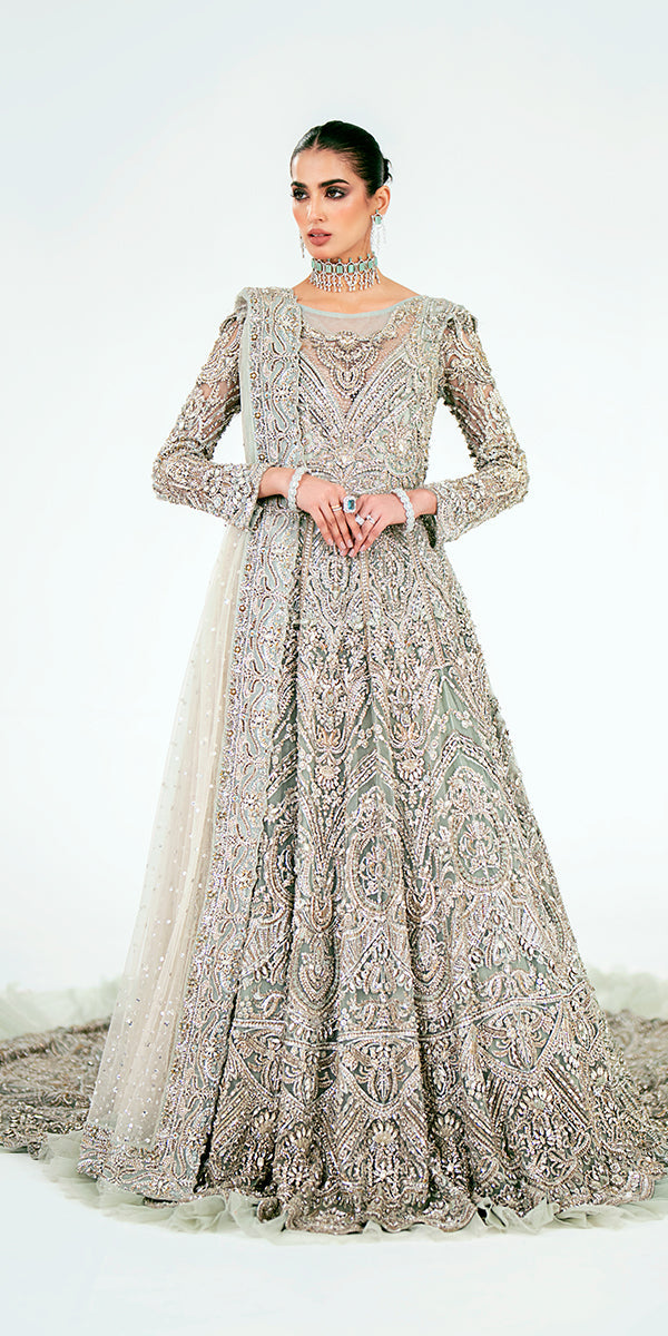 Mint Green Pakistani Bridal Dress in Gown Dupatta Style