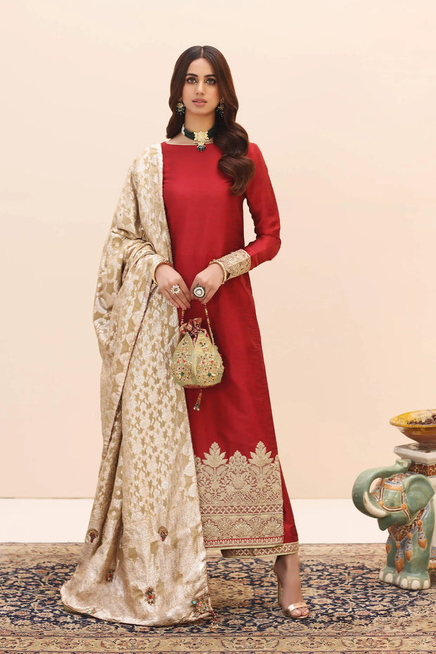New Classic Rose Red Embroidered Pakistani Salwar Kameez Dupatta Suit