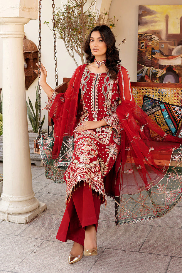 New Elegant Embroidered Cherry Red Pakistani Salwar Kameez Dupatta Suit