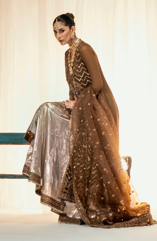 New Golden Embroidered Pakistani Wedding Dress Angrakha Frock Sharara