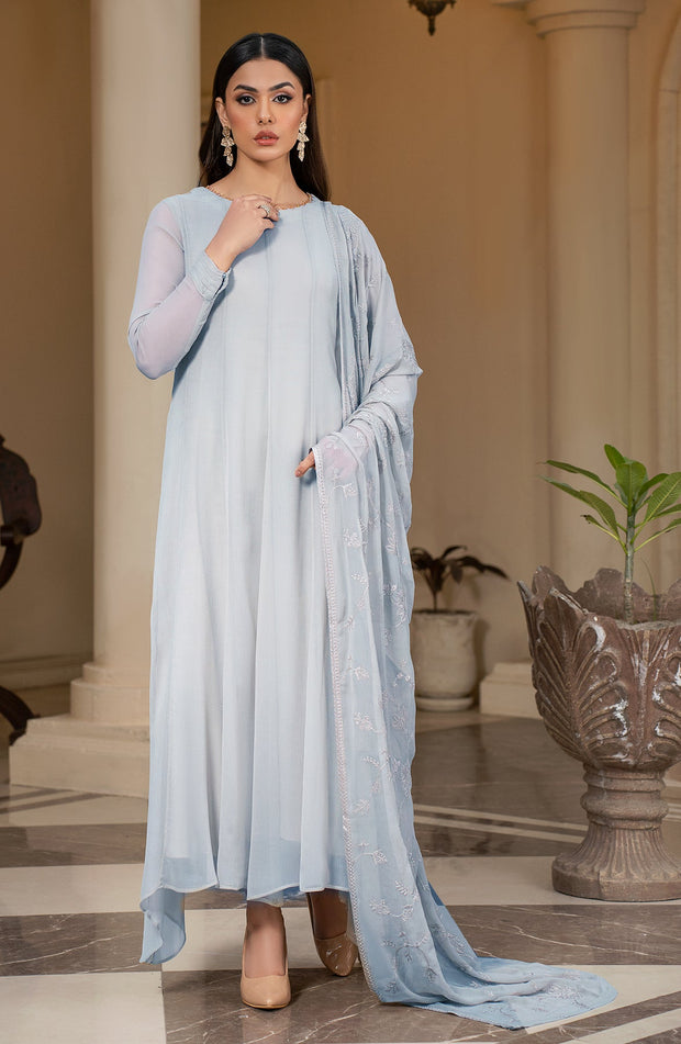 Grayish Shade Embroidered Pakistani Party Wear Frock Style Dress