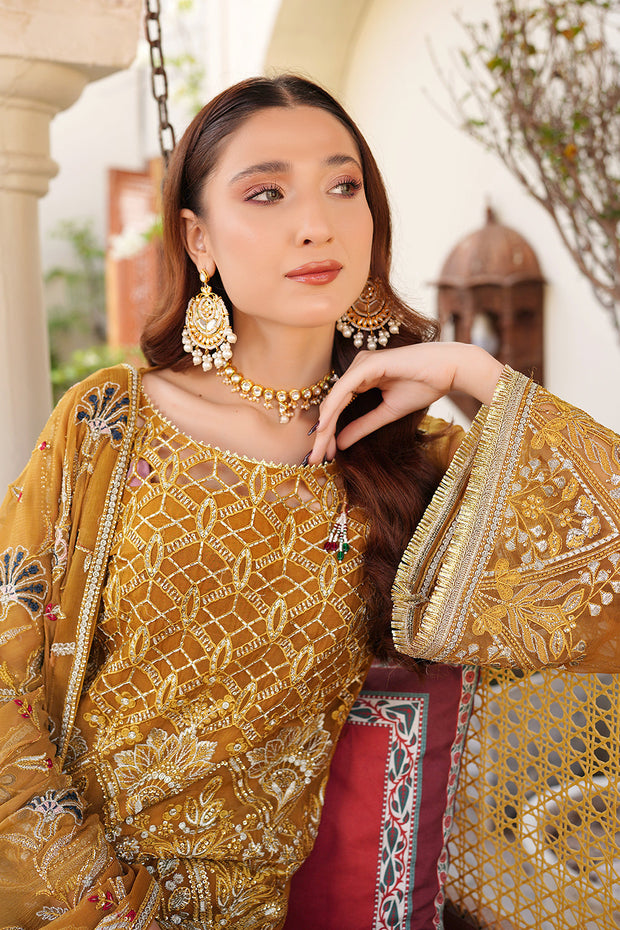 New Luxury Embroidered Pakistani Kameez Salwar Suit in Golden Yellow Shade 2023
