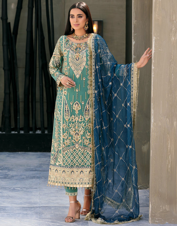 New Sea Green Hand Embellished Pakistani Kameez Salwar Suit Blue Dupatta