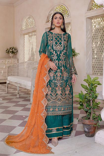 Orange Green Salwar Kameez For Pakistani Party Dresses – Nameera by Farooq