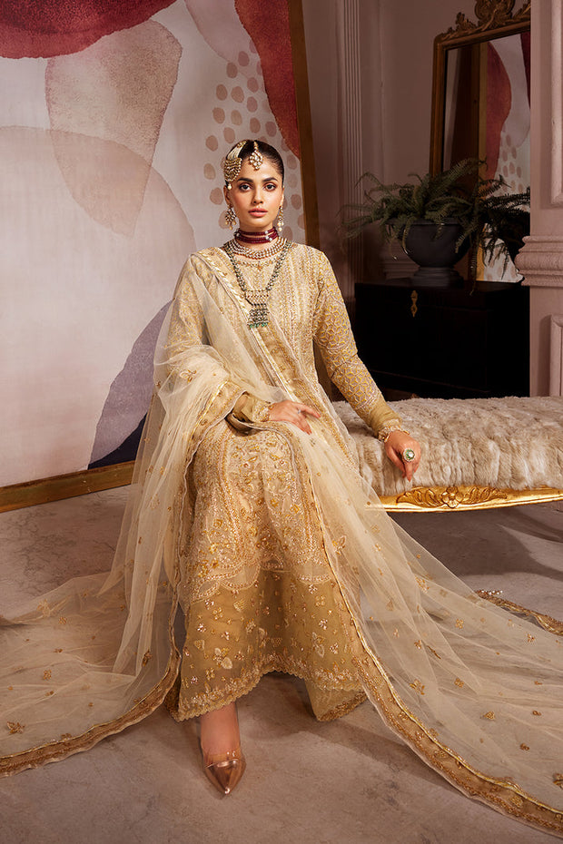 Organza Pishwas Frock Golden Pakistani Wedding Dress Online