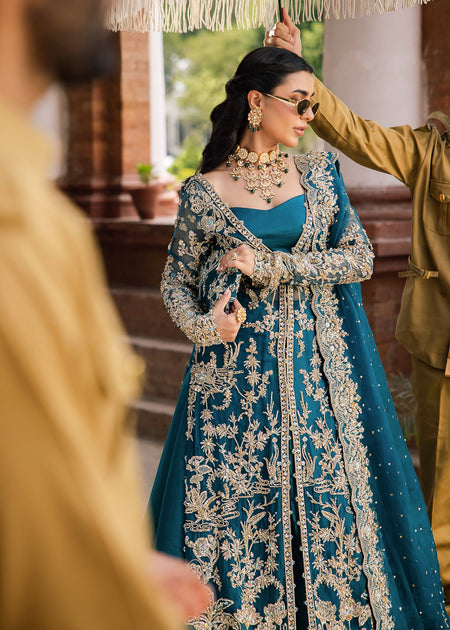 Pakistani Bridal Dress in Open Gown Blue Lehenga Style – Nameera by Farooq