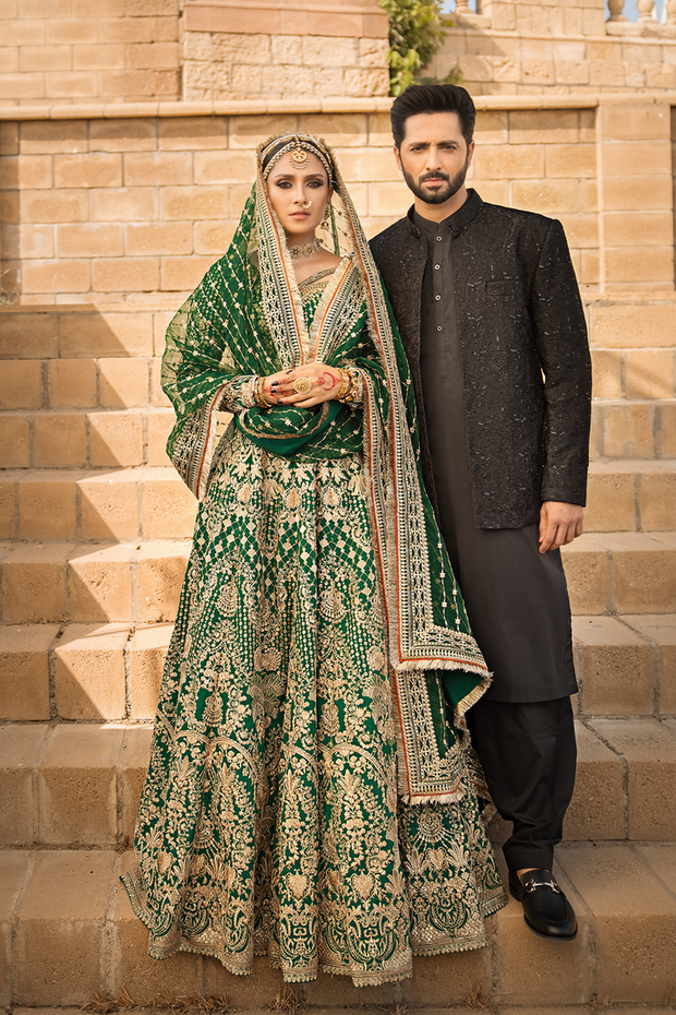 Pakistani Bridal Mehndi Dress in Green Lehenga Choli Style